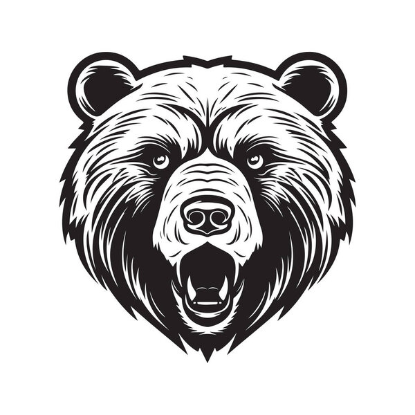 grizzly bear mascot, vintage logo line art concept black and white color, hand drawn illustration