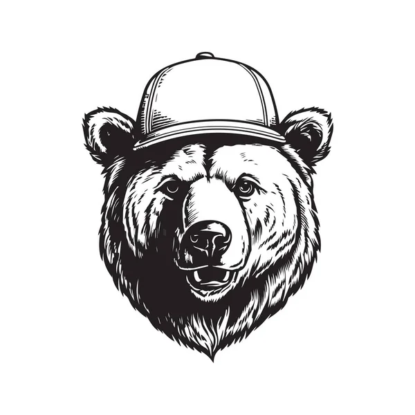 Медведь Гризли Носить Шляпу Винтажный Логотип Линии Художественной Концепции Черно — стоковый вектор