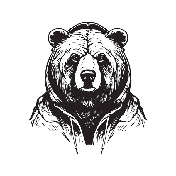 Urso Pardo Encapuzado Conceito Arte Linha Logotipo Vintage Cor Preta — Vetor de Stock