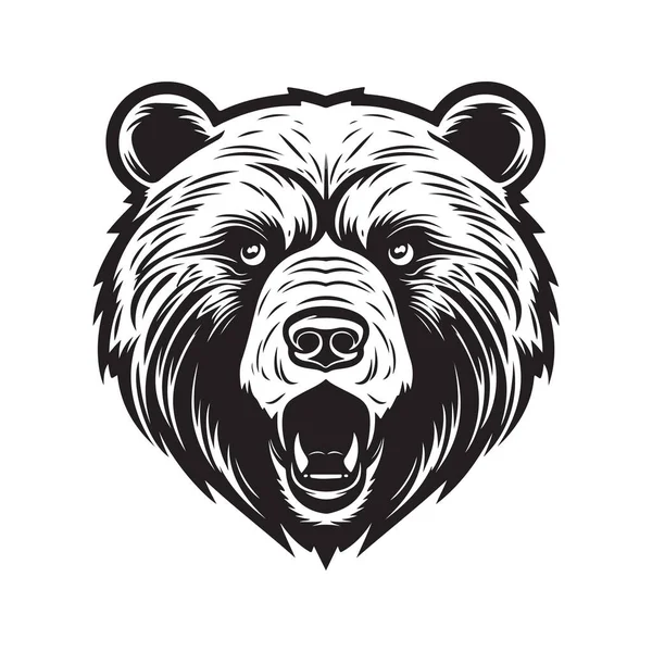 Mascotte Ours Grizzli Concept Art Ligne Logo Vintage Noir Blanc — Image vectorielle