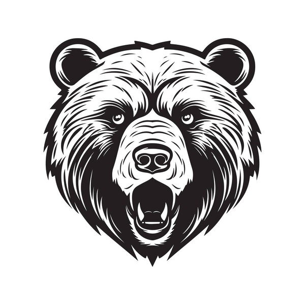 grizzly bear mascot, vintage logo line art concept black and white color, hand drawn illustration
