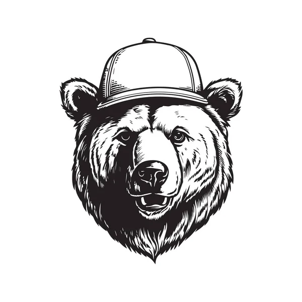 Grizzlybär Trägt Hut Vintage Logo Linie Kunstkonzept Schwarz Weiße Farbe — Stockvektor