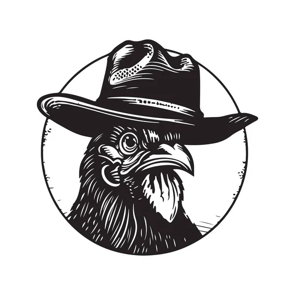 Kogut Noszenia Kapelusz Vintage Logo Linii Sztuki Koncepcja Czarno Biały — Wektor stockowy