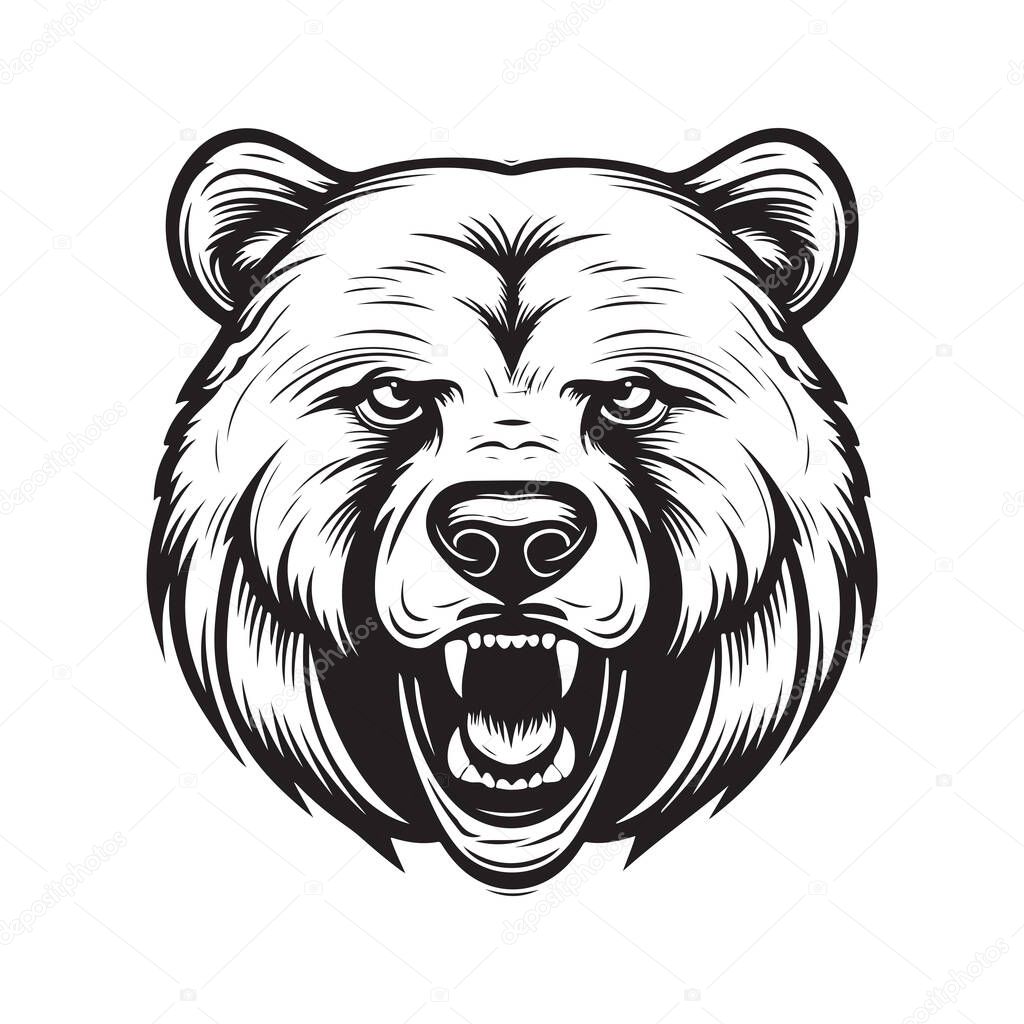 Grizzly bear mascot, vintage logo line art concept black and white color, hand drawn illustration