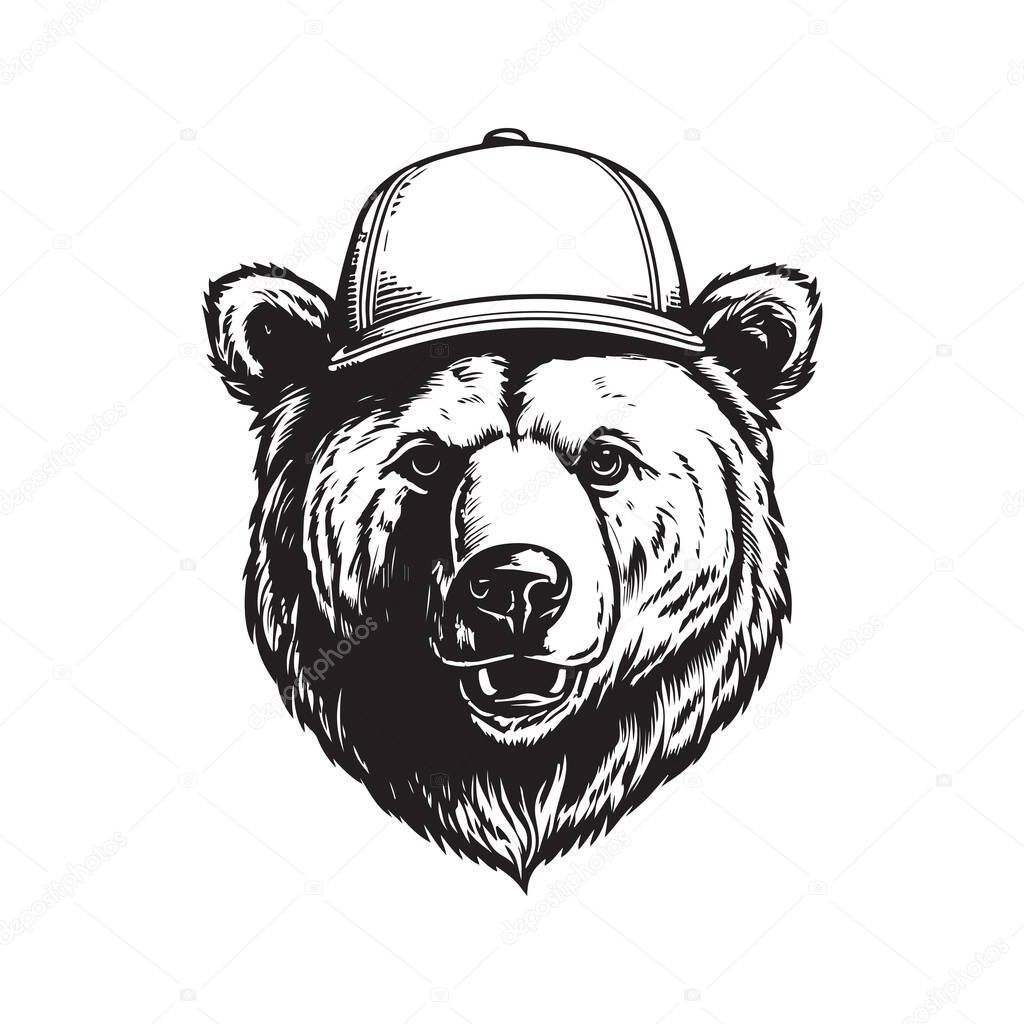 Grizzly bear wearing hat, vintage logo line art concept black and white color, hand drawn illustration