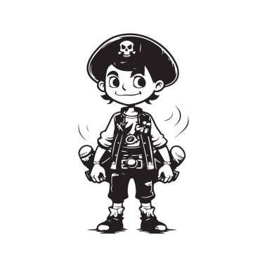 Korsan çocuk, klasik logo çizgisi sanat konsepti siyah beyaz renk, el çizimi illüstrasyon