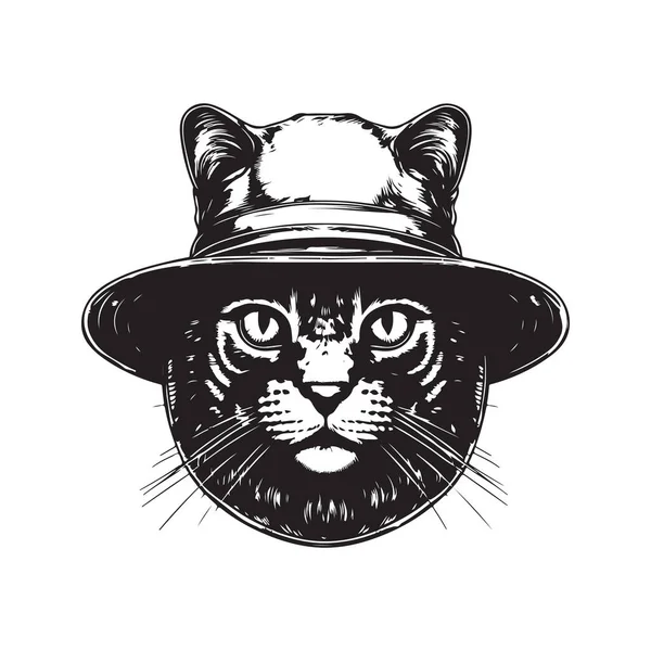 Kova Şapkalı Kedi Klasik Logo Hattı Sanat Konsepti Siyah Beyaz — Stok Vektör