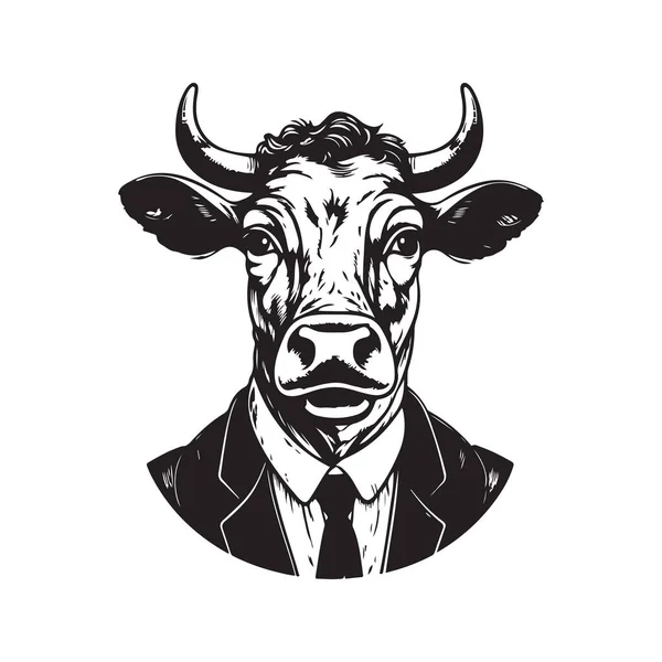 牛の政治家ヴィンテージロゴラインアートのコンセプト黒と白 手描きイラスト — ストックベクタ