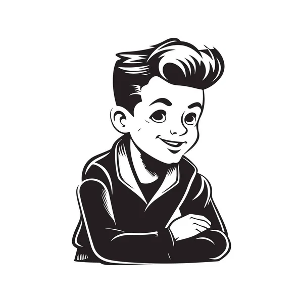 Мальчик Винтажный Логотип Линии Художественной Концепции Черно Белый Цвет Ручной — стоковый вектор