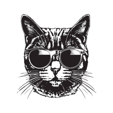 Güneş gözlüklü İngiliz kedisi, klasik logo çizgisi sanat konsepti siyah-beyaz renk, el yapımı illüstrasyon