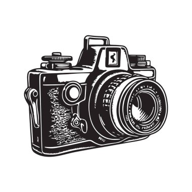 Kamera, klasik logo çizgisi sanat konsepti siyah-beyaz renk, el çizimi illüstrasyon