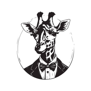 İş adamı zürafası, klasik logo çizgisi sanat konsepti siyah beyaz, el çizimi illüstrasyon