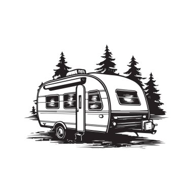 Kamp karavanı, klasik logo hattı sanat konsepti siyah beyaz renk, el çizimi illüstrasyon