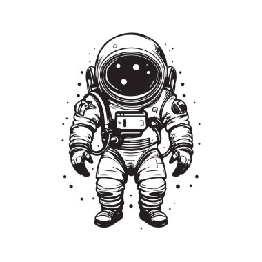 Çizgi film astronotu, klasik logo çizgisi sanat konsepti siyah beyaz, el çizimi illüstrasyon
