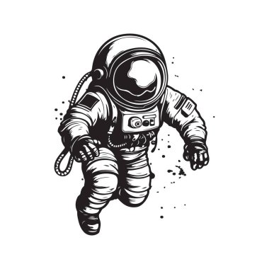 Çizgi film astronotu, klasik logo çizgisi sanat konsepti siyah beyaz, el çizimi illüstrasyon