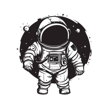 Çizgi film astronotu, klasik logo çizgisi sanat konsepti siyah beyaz, el çizimi illüstrasyon