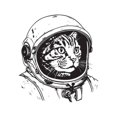 Kedi astronot, klasik logo çizgisi sanat konsepti siyah beyaz renk, el çizimi illüstrasyon