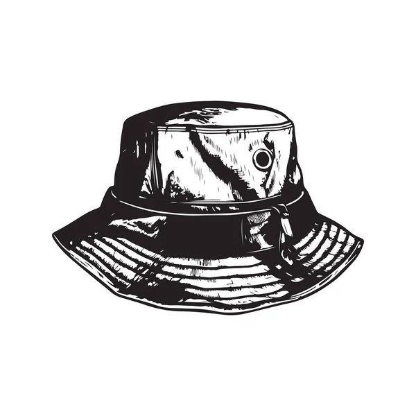 バケツ帽子 ヴィンテージロゴラインアートコンセプト黒と白 手描きイラスト — ストックベクタ