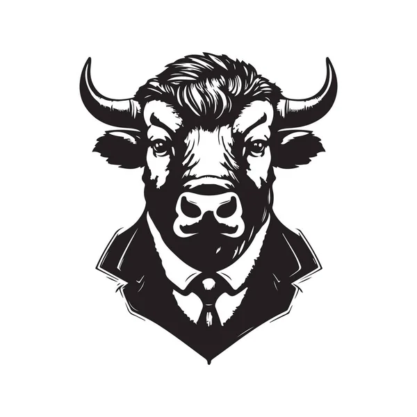 Buffalo Businessman Vintage Logo Line Art Concept Black White Color — Stock Vector