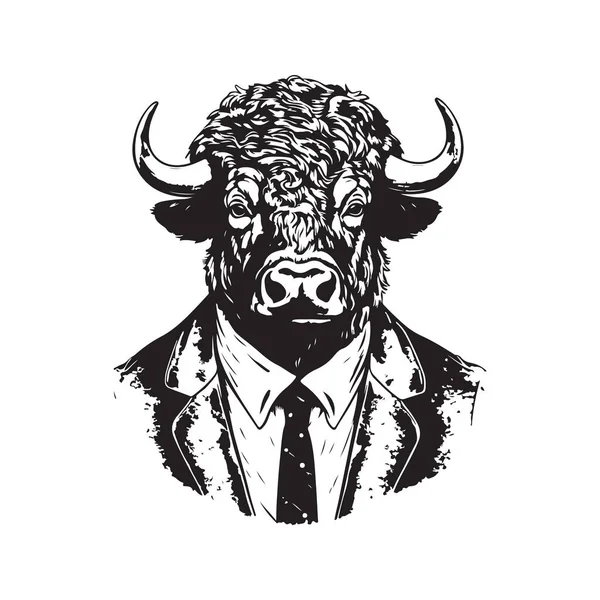 Buffel Affärsman Vintage Logo Linje Konst Koncept Svart Och Vit — Stock vektor