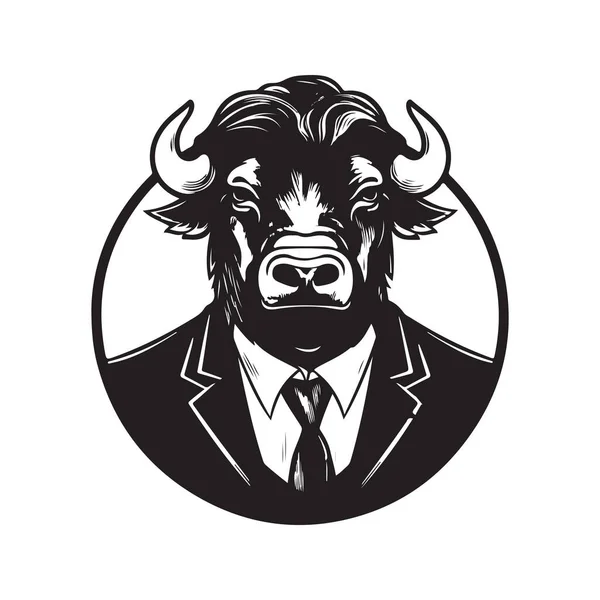 Буйвол Бизнесмен Винтажный Логотип Линия Художественная Концепция Черно Белый Цвет — стоковый вектор