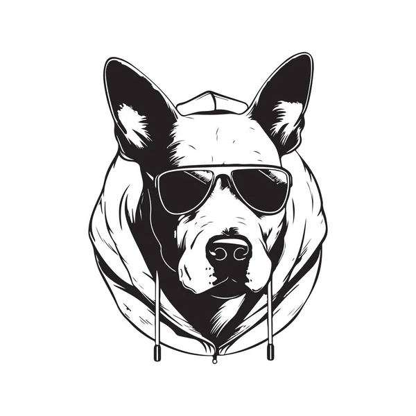 头牛犬头戴帽带太阳镜 老式标志线艺术概念黑白色彩 手绘插图 — 图库矢量图片