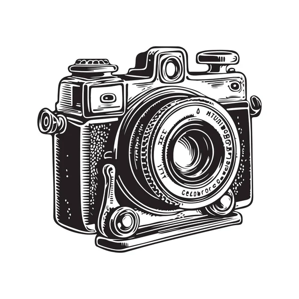 Camera Vintage Logo Line Art Concept Black White Color Hand — Stock Vector