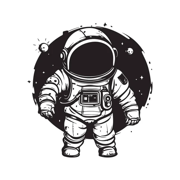 Cartoon Astronaut Vintage Logo Lijn Kunst Concept Zwart Wit Kleur — Stockvector