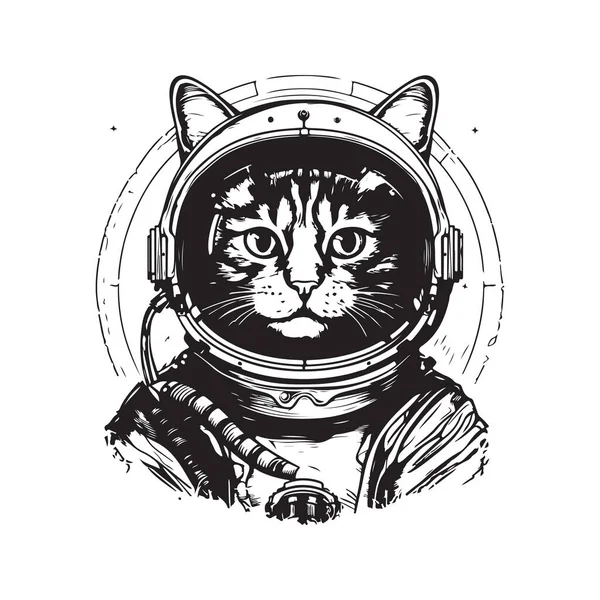 Katze Astronaut Vintage Logo Line Art Concept Schwarz Weiß Farbe — Stockvektor