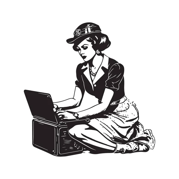Γυναίκα Φορητό Υπολογιστή Vintage Λογότυπο Γραμμή Τέχνης Έννοια Μαύρο Και — Διανυσματικό Αρχείο