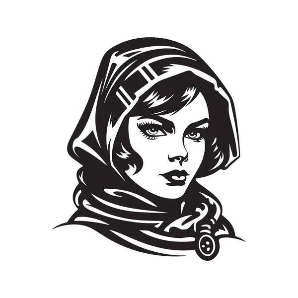 女流氓 老式标志线条艺术概念黑白色彩 手绘插图 — 图库矢量图片