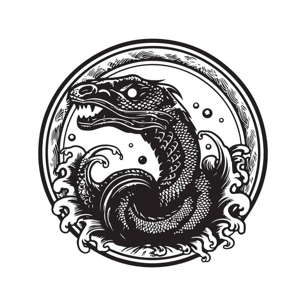 water serpent, vintage logo line art concept black and white color, hand drawn illustration