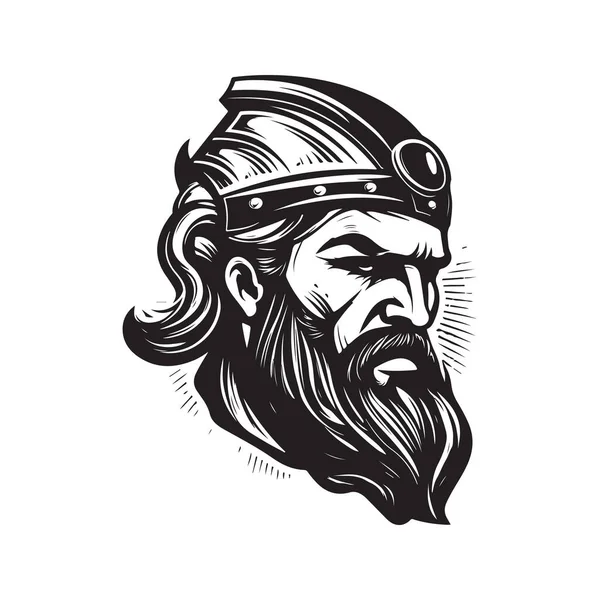 带胡子的战士 老式标识线条艺术概念黑白色彩 手绘插图 — 图库矢量图片