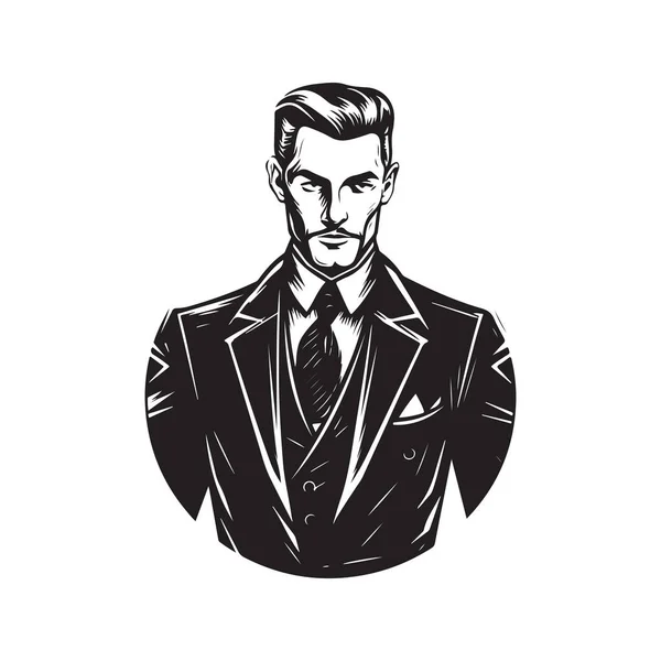 Wizard Businessman Vintage Logo Line Art Concept Black White Color — Stock Vector
