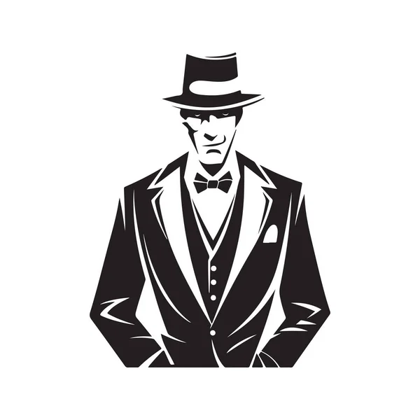 Zauberer Geschäftsmann Vintage Logo Linie Kunstkonzept Schwarz Weiße Farbe Handgezeichnete — Stockvektor