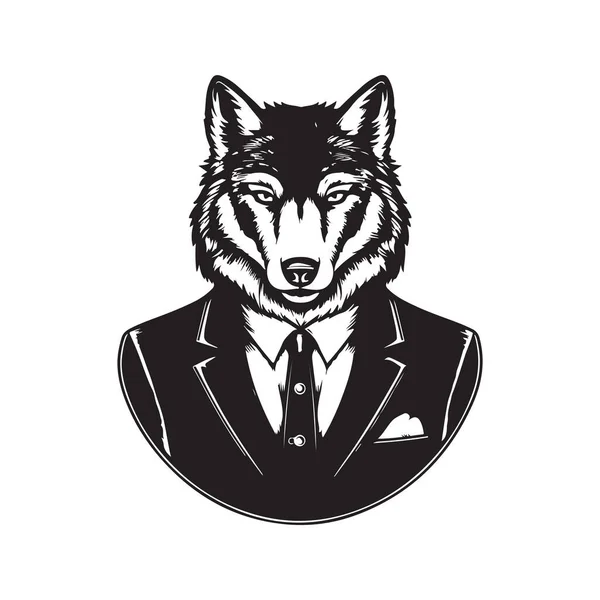 Wolf Geschäftsmann Vintage Logo Linie Kunstkonzept Schwarz Weiß Farbe Handgezeichnete — Stockvektor