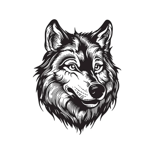オオカミの頭 ヴィンテージロゴラインアートのコンセプト黒と白の色 手描きイラスト — ストックベクタ
