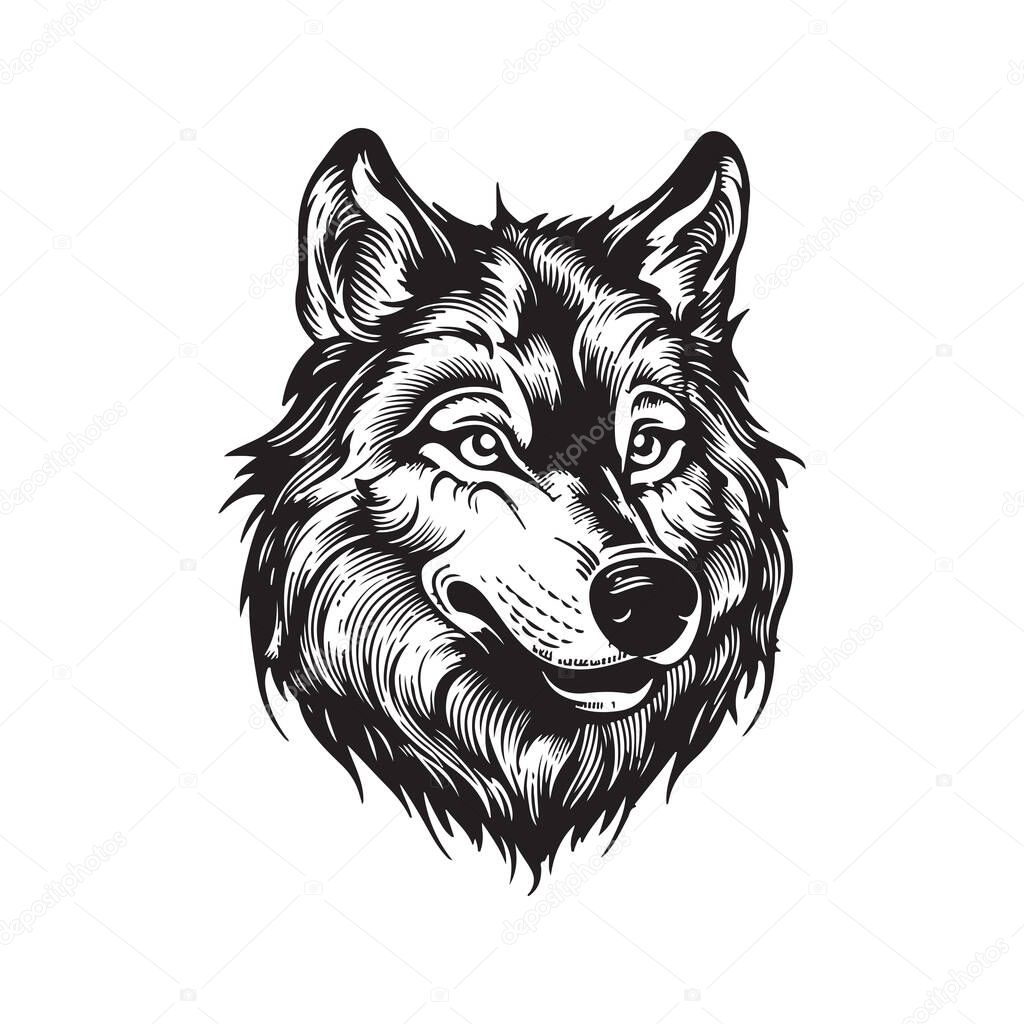 Wolf head, vintage logo line art concept black and white color, hand drawn illustration