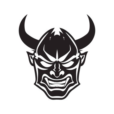 Hannya maskesi basit, klasik logo çizgisi sanat konsepti siyah-beyaz renk, el çizimi illüstrasyon