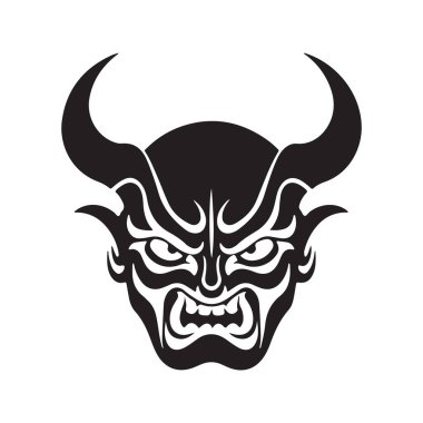 Hannya maskesi basit, klasik logo çizgisi sanat konsepti siyah-beyaz renk, el çizimi illüstrasyon