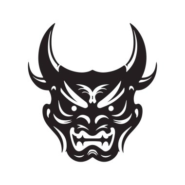 Hannya maskesi basit, klasik logo çizgisi sanat konsepti siyah-beyaz renk, el çizimi illüstrasyon