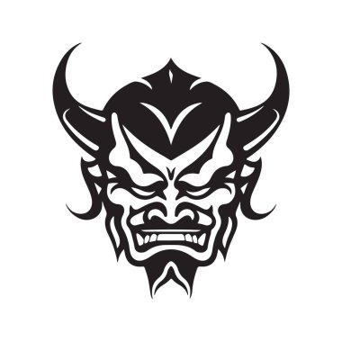 Onili maskeli samuray, klasik logo çizgisi sanat konsepti siyah-beyaz renk, el yapımı illüstrasyon