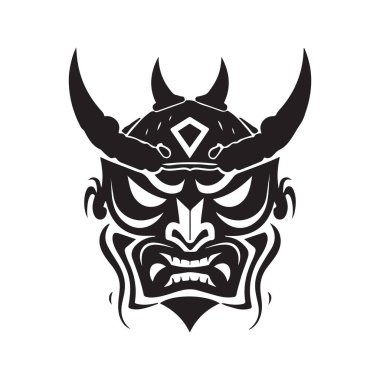 Onili maskeli samuray, klasik logo çizgisi sanat konsepti siyah-beyaz renk, el yapımı illüstrasyon