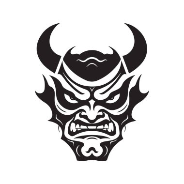 Onili maskeli samuray, klasik logo çizgisi sanat konsepti siyah-beyaz renk, el yapımı illüstrasyon