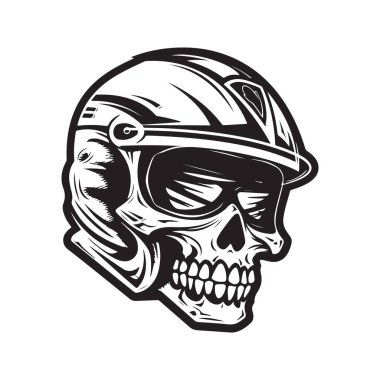 kafatası motorcusu kask takıyor, klasik logo çizgisi sanat konsepti siyah beyaz, el çizimi illüstrasyon