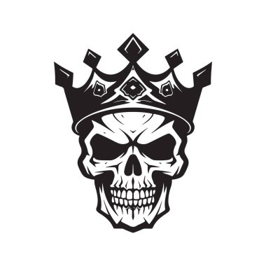 kafatası ve taç, klasik logo çizgisi sanat konsepti siyah beyaz renk, el çizimi illüstrasyon