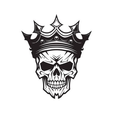 kafatası ve taç, klasik logo çizgisi sanat konsepti siyah beyaz renk, el çizimi illüstrasyon