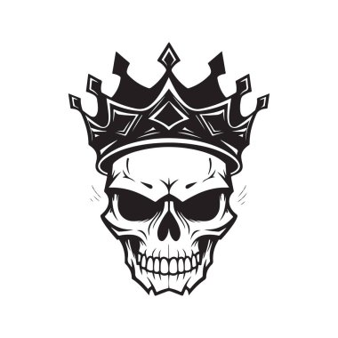 kafatası ve taç, klasik logo çizgisi sanat konsepti siyah beyaz renk, el çizimi illüstrasyon