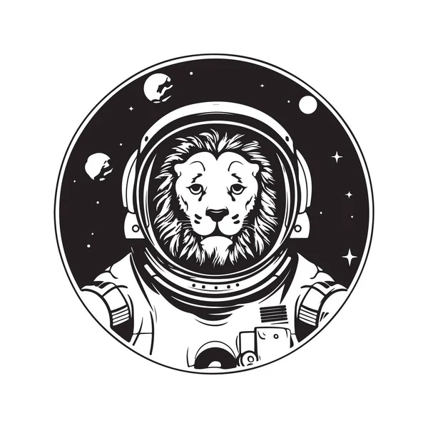 Clip Konst Lejon Astronaut Vintage Logotyp Linje Konst Koncept Svart — Stock vektor
