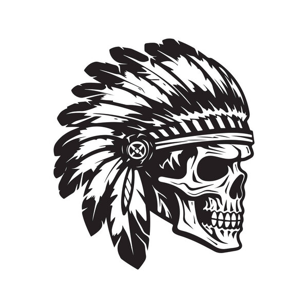 skull head indian, vintage logo line art concept black and white color, hand drawn illustration